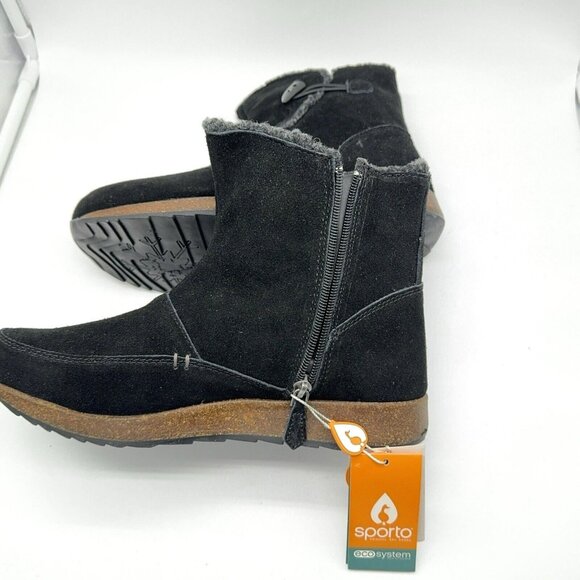 Sporto Womens Suede Bootie Shoes Black w Faux Fur Toggle Accent Side Zip Cork 9W - Picture 5 of 10